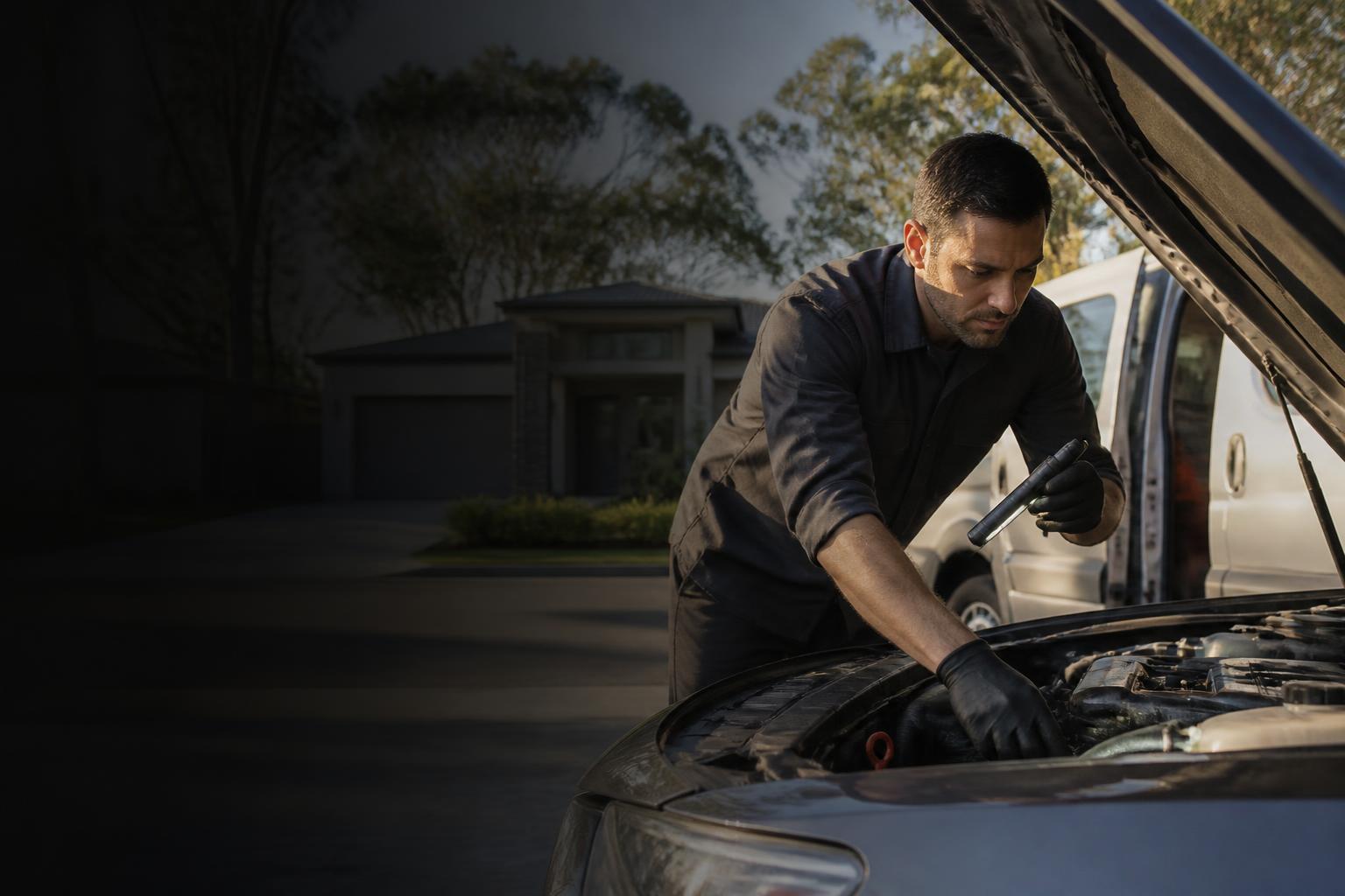Professional mobile mechanic inspecting a vehicle at a customer's location in Adelaide